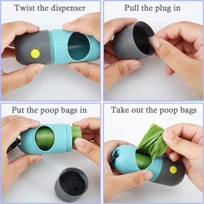 Dog Poop Waste Bag Holder Dispenser with LED Flashlight and 8 Rolls Leak-Proof Waste Bags-GrayBlue