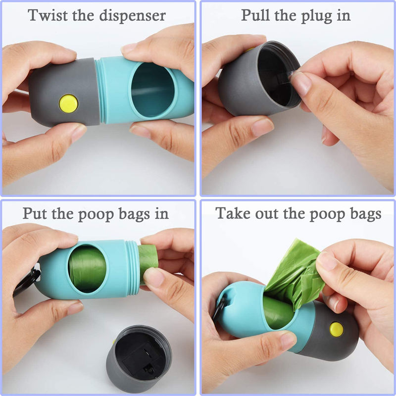 Dog Poop Waste Bag Holder Dispenser with LED Flashlight and 8 Rolls Leak-Proof Waste Bags-GrayPink