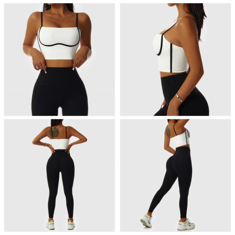 Spaghetti Strap Sports Bra Square Neck Padded Fitness Crop Tops-White