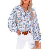 Womens Floral Ruffled Tunic Blouse Tie V Neck Casual Long Sleeve-Light Blue