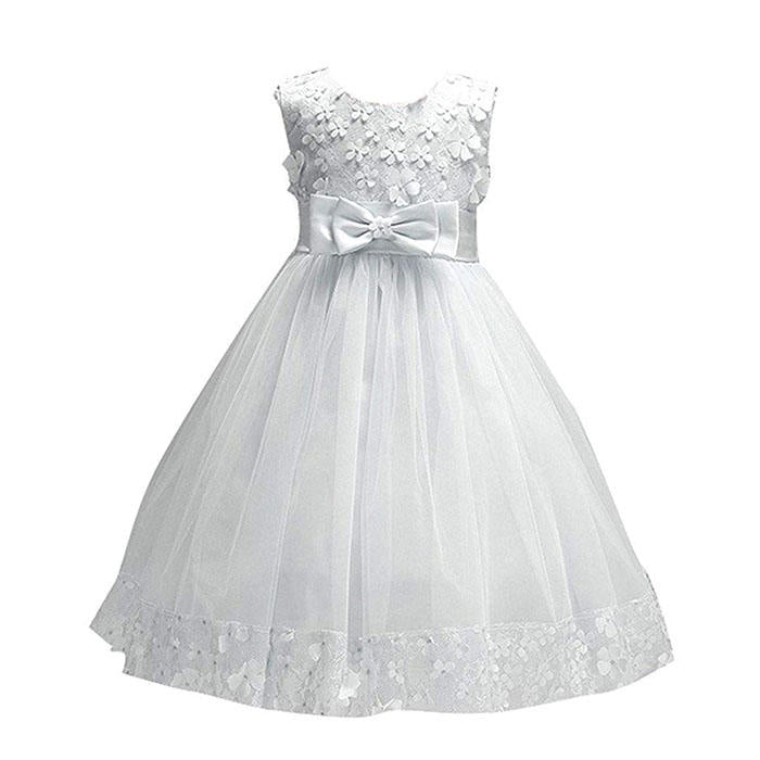 Girls Tulle Lace Flower Princess Wedding Dress For Toddler And Baby Girl-White