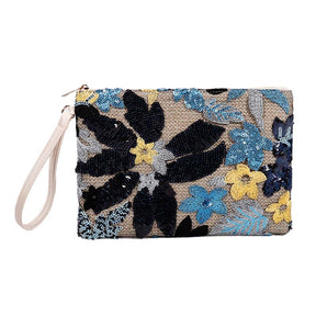 Women Clutches Embroidery Sequins Design Straw Bag for Vacation-Navy Blue