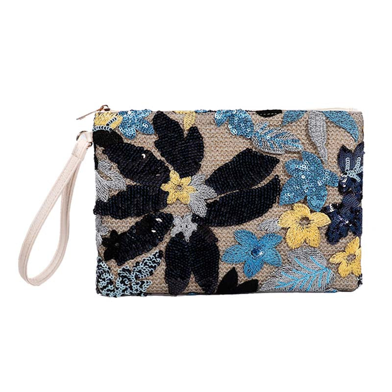 Women Clutches Embroidery Sequins Design Straw Bag for Vacation-Navy Blue