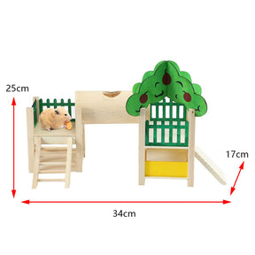 Hamster Wooden Playground Hideout with Tube Fences Ladders-Green