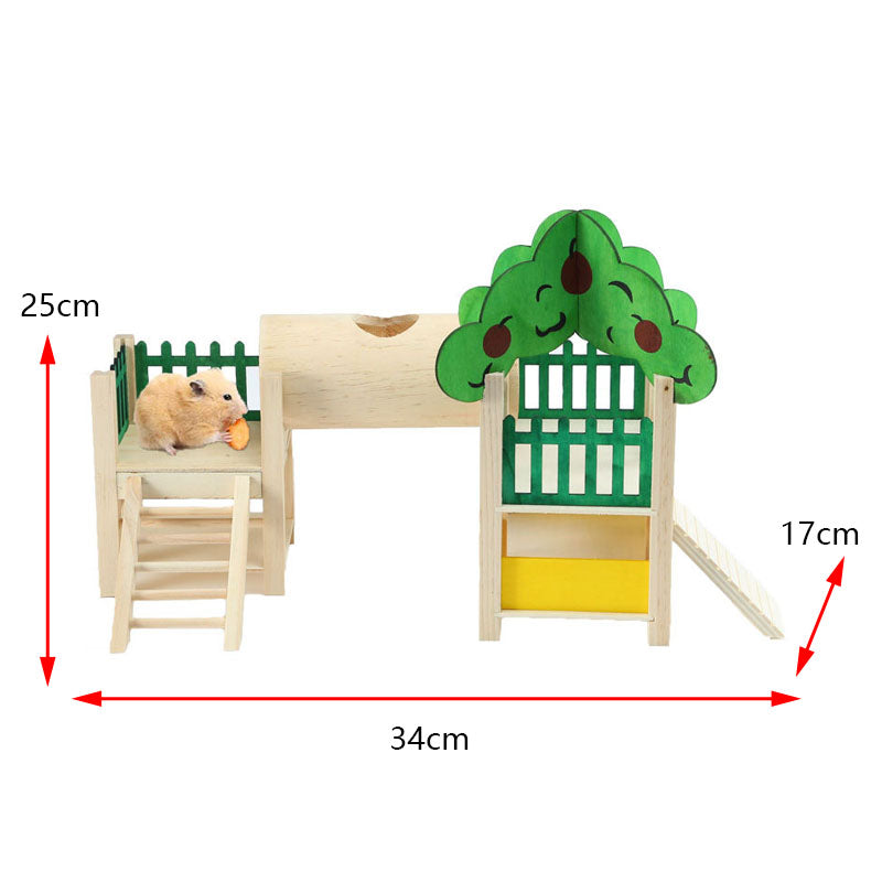 Hamster Wooden Playground Hideout with Tube Fences Ladders-Green