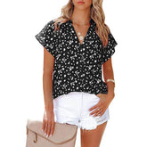 Womens V Neck Printed Shirts Lightweight Chiffon Blouse-Black