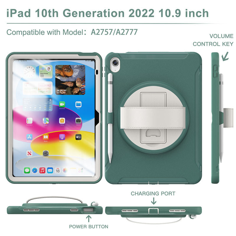 Tablet Case For iPad 10th with 360¡ã Kickstand/Hand Strap Shockproof-JadeGreen