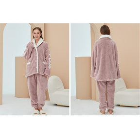 Womens Winter Fleece Pajamas Set Warm Loungewear-Pink