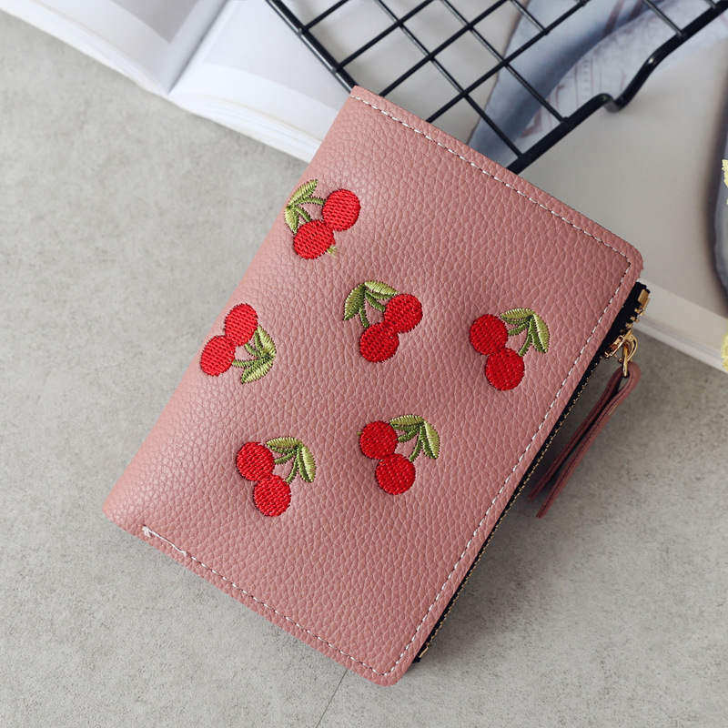 Women Cute Small Wallet Cherry Pattern Card Holder-Dark Pink