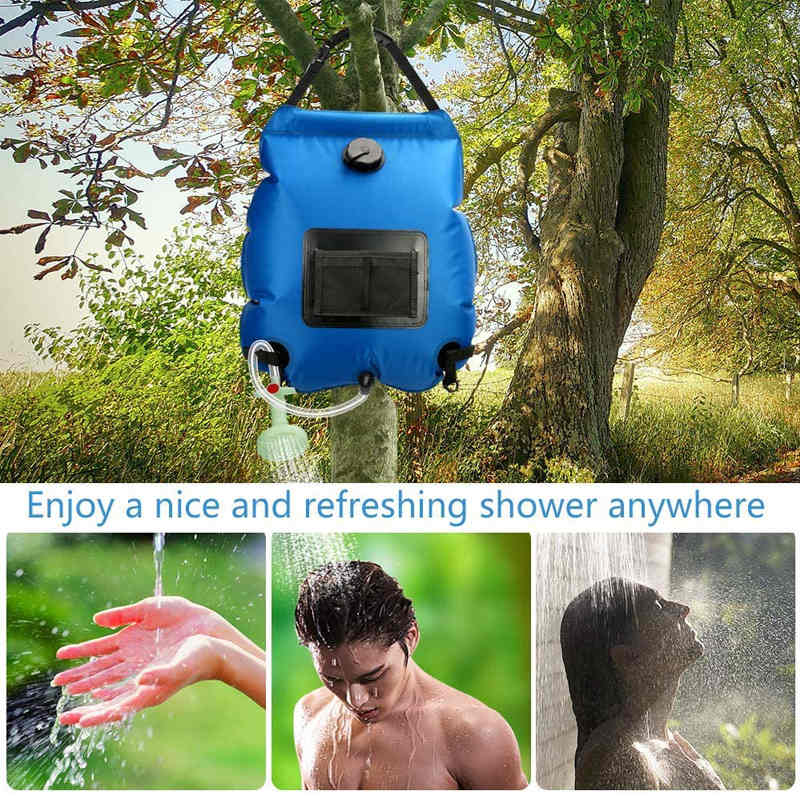 20L Solar Shower Bag with Removable Hose and Shower Head for Camping-Blue