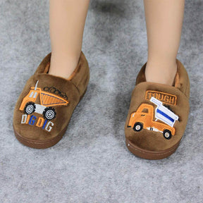 Boys Girls Warm Slippers Cartoon Kids Winter Indoor Household Shoes-Brown