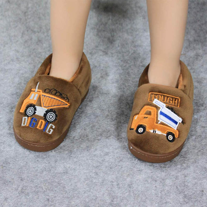 Boys Girls Warm Slippers Cartoon Kids Winter Indoor Household Shoes-Brown