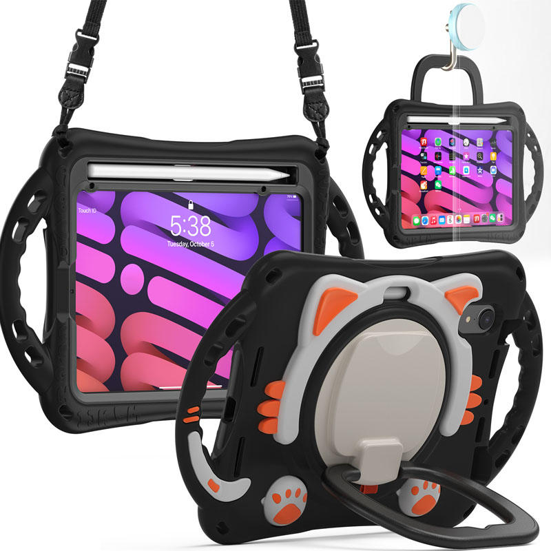 CatB Silicone Case For iPad Mini 6 Shockproof Shoulder Strap Handle Stand-Black Orange