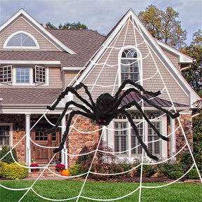 200 inches Halloween Triangular Spider Web and 59 inches Giant Spider Decorations for Yard Haunted House Decor