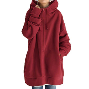 Womens Long Fleece Sweatshirt Simple Full Zip Hoodies-Red