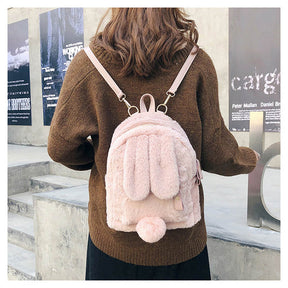 Women Cute Rabbit Ears Backpack Fluffy School Bag Satchel-Pink