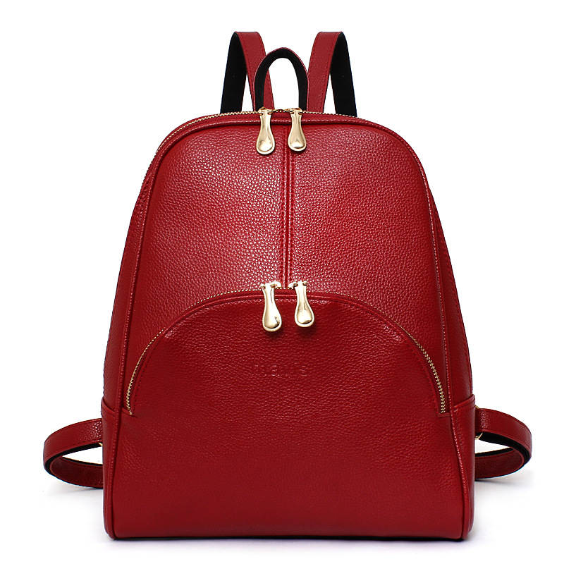 Womens Soild Backpack PU Leather Zipper Casual Travel Bags-WineRed