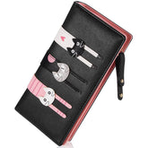 Womens Cute Cat Wallet Bifold Long Coin Purse with Zipper-Black