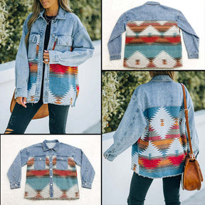 Aztec Denim Jacket for Women Distressed Lapel Long Sleeve Coat-Orange