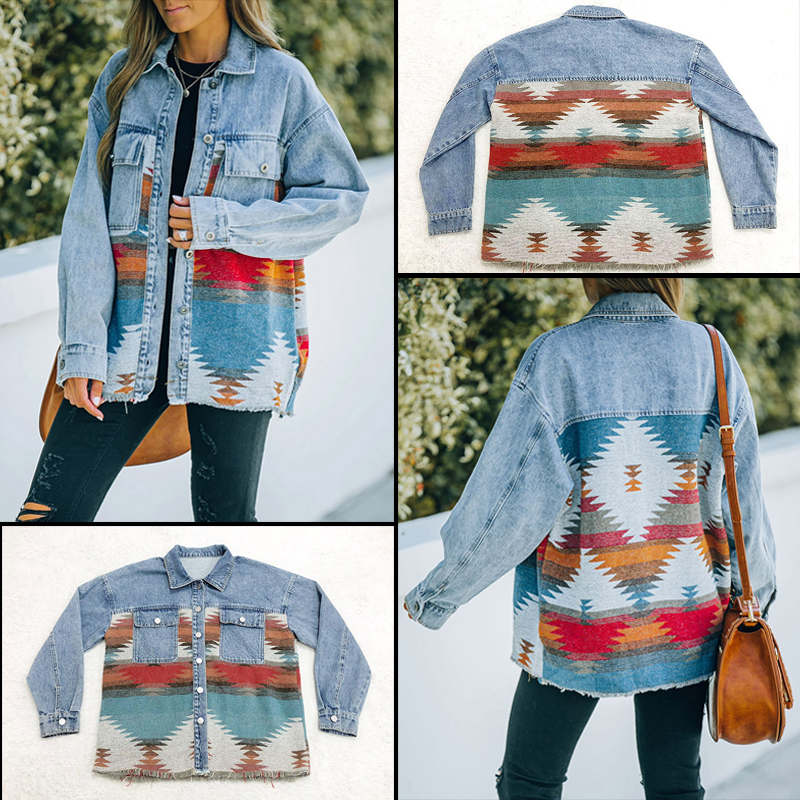 Aztec Denim Jacket for Women Distressed Lapel Long Sleeve Coat-Orange