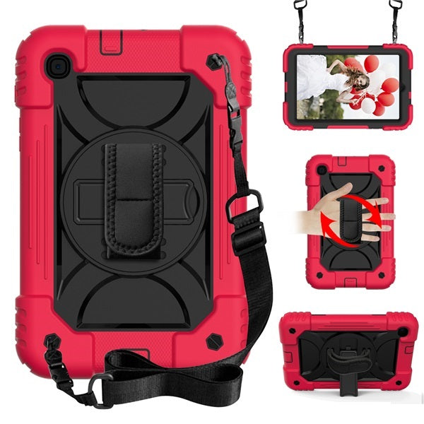 Rainbow Tablet Case Kickstand/Hand+Neck Strap An-fall Protective Cover For Samsung Galaxy Tab A 8.4 T307 2020-Red&Black