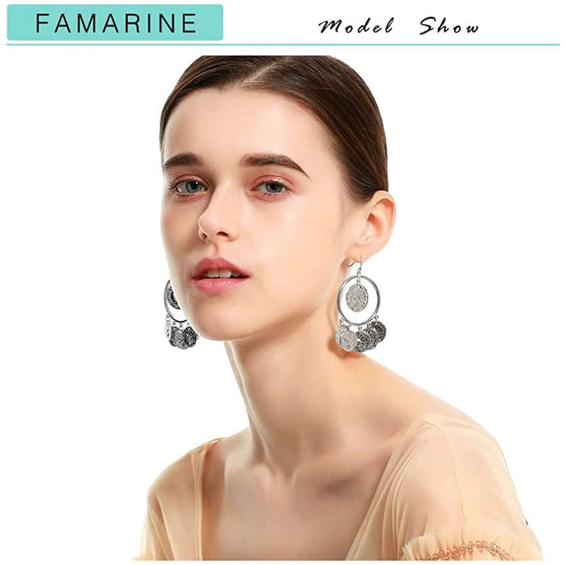 Vintage Tribal Chandelier Portrait Coins Hoop Drop Earrings for Women