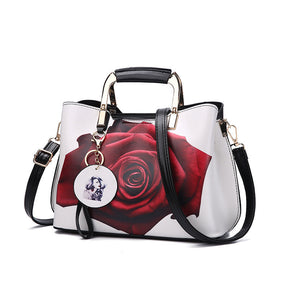 Ladies Leather Personalized Print Handbags Large Capacity Satchel-Red Rose