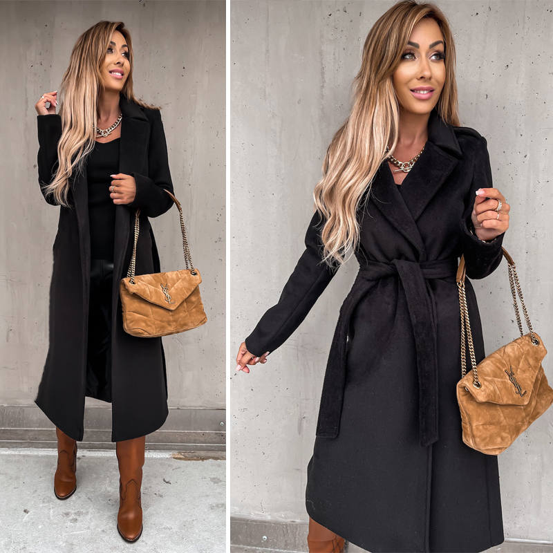 Womens Trench Coats Lapel with Tie Belt Fashion Winter Long Outwear-Black