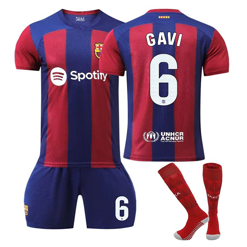 Barca Home Jersey GAVI #6 Soccer Jersey Kids Adult 3-Pieces Jersey Kits