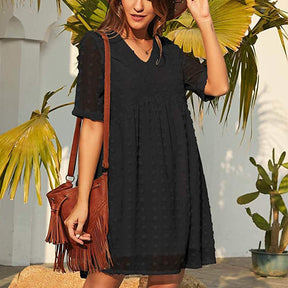 Womens Summer Short Sleeve V-neck Dress Swiss Dot A Line Dresses-Black