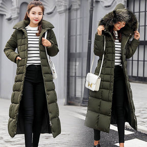 Women Warm Down Jacket with Hood Fur Long Puffer Coat-ArmyGreen
