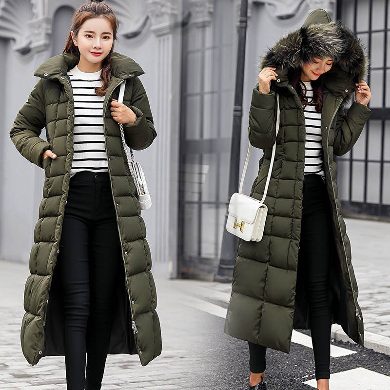 Women Warm Down Jacket with Hood Fur Long Puffer Coat-ArmyGreen