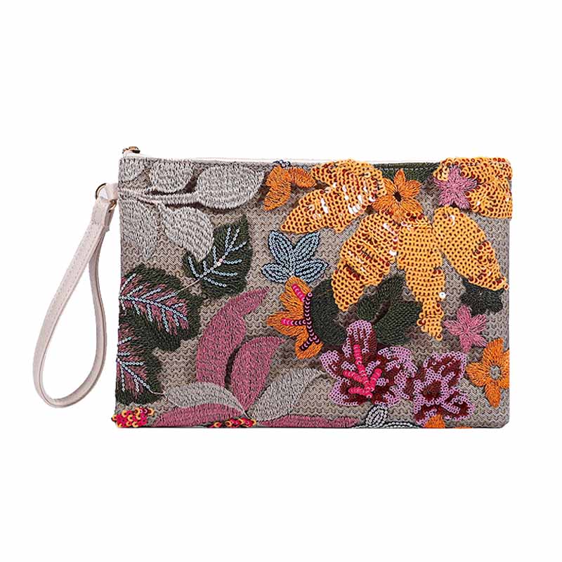 Women Clutches Embroidery Sequins Design Straw Bag for Vacation-Orange