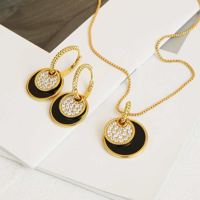 Women Black Round Pendant Necklace And Hoop Earrings Jewelry Sets