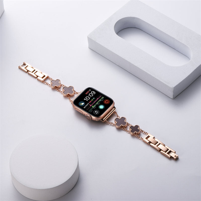 Apple Watch Band Luxury Four-leaf Clover Thin Stainless Steel for iWatch Series SE/6/5/4/3/2/1-oseGold+WineRed