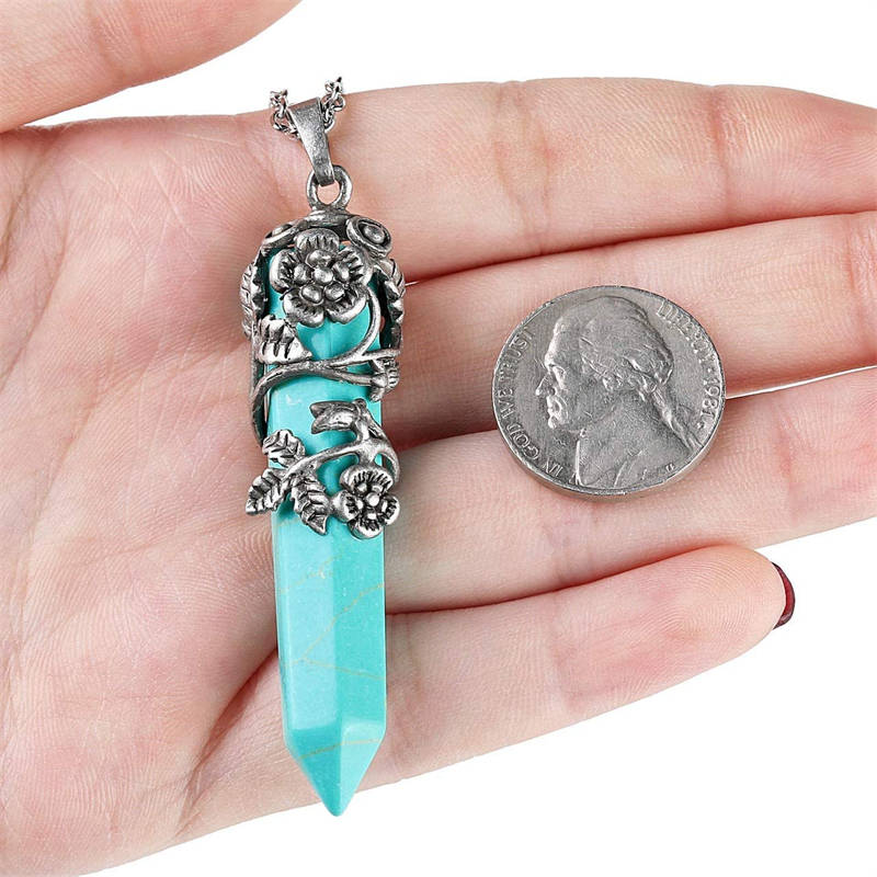 Antique Silver Flower Wrapped Crystal Necklace-Turquoise