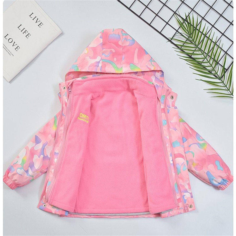 Girls Outdoor Jacket Floral Fleece Removable Light Windproof with Hood-Pink