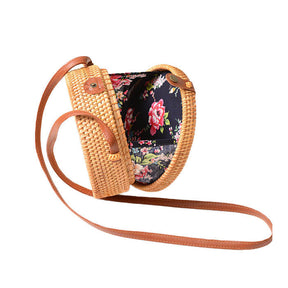 Handwoven Round Rattan Natural Chic Bag Shoulder Leather Straps Summer Beach-Emerald Flower