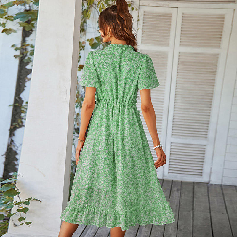 Womens V Neck Floral Dress Summer Beach Vacation Chiffon Dress-Green