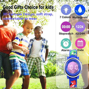 Kids Watchs 3D Cartoon Dinosaur Pattern Waterproof Silicone 7 Color Lights Watch-DarkBlue