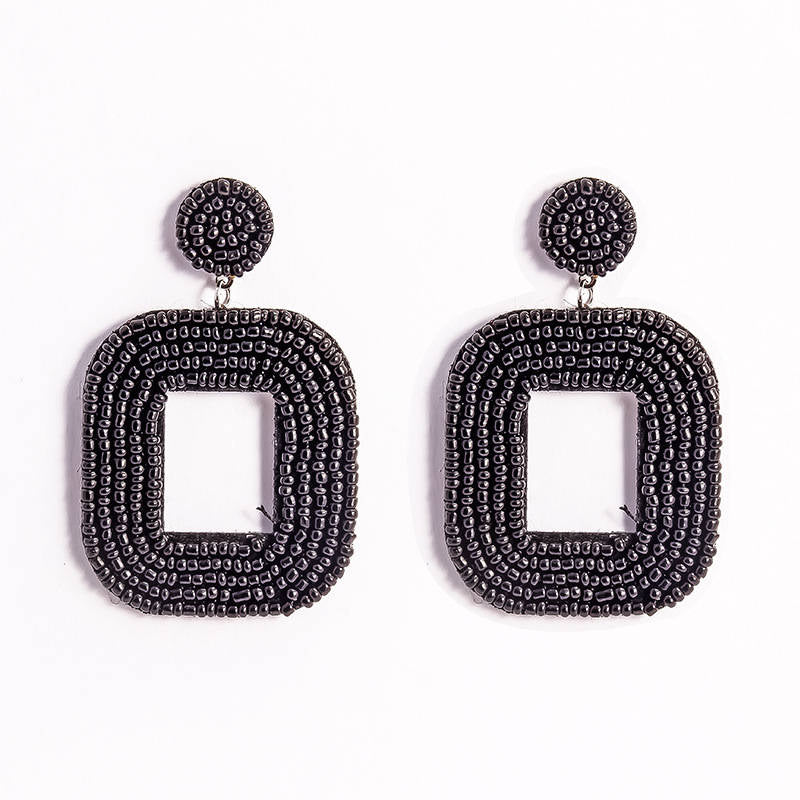 Square Hoop Dangle Beaded Earrings-Black