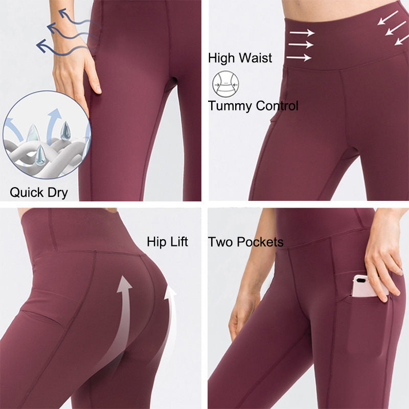 High Waisted Leggings for Women Stretchy Soft Yoga Pants with Pockets-RedBrown