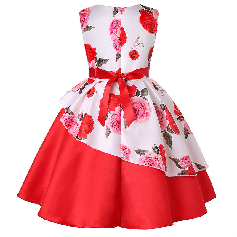 Girls Sleeveless Dresses Flower Girl Wedding Dress Elegant Floral Dress-Red