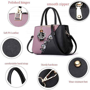 Embroidered Women Top Handle Satchel Fashion Shoulder Bags with Hairball-Purple