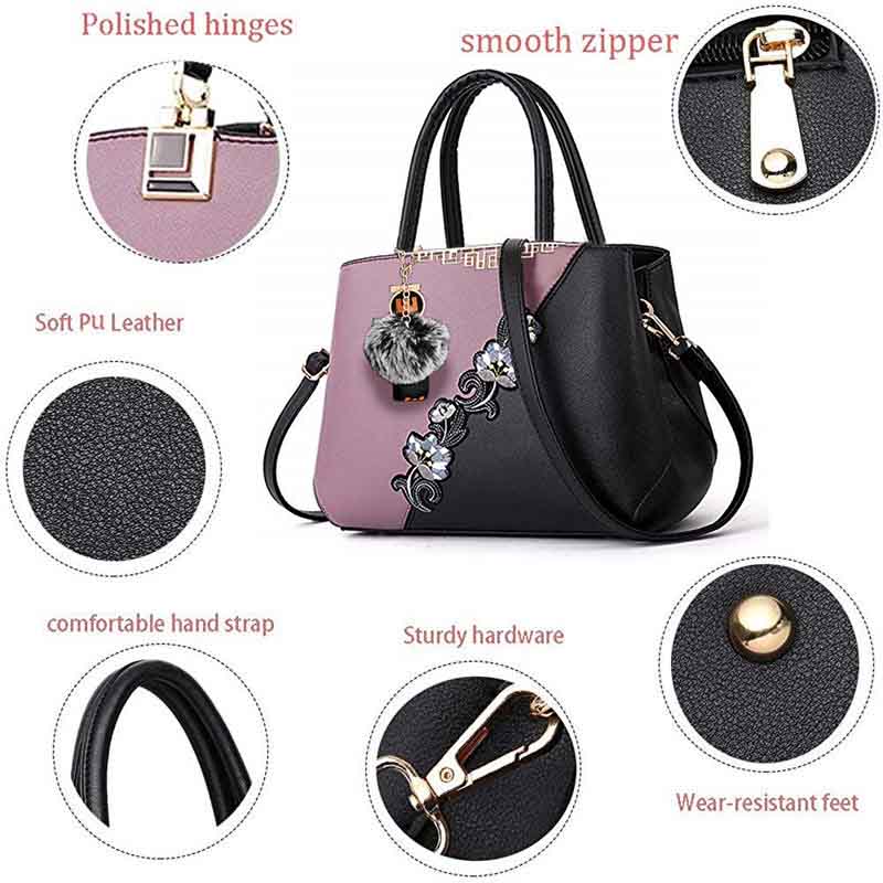 Embroidered Women Top Handle Satchel Fashion Shoulder Bags with Hairball-Purple