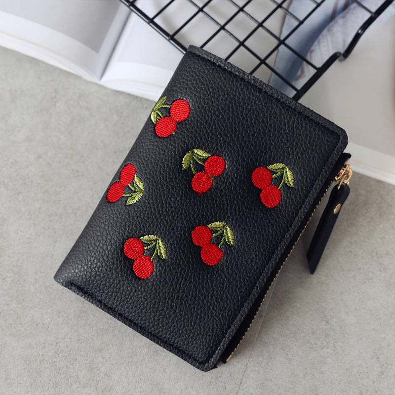 Women Cute Small Wallet Cherry Pattern Card Holder-Black