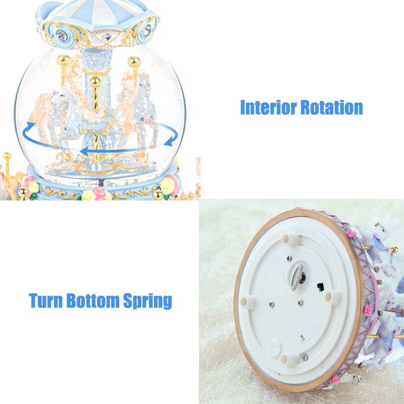 Carousel Snow Globe with Light Music Box Birthday Gift for Girls-Blue