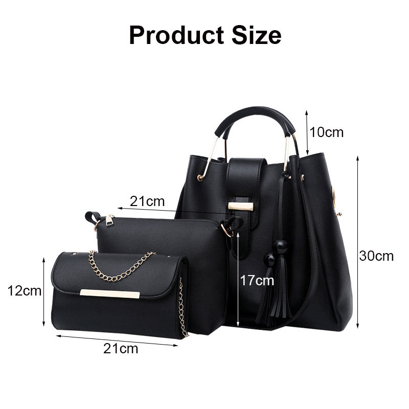 3Pcs Women Fashion Handbags Wallet Tote Bag Shoulder Bag Set-Black