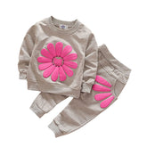 Baby Girls 2 Pcs Sunflower Clothes Set Long Sleeve Top And Pants Outfits-Gray