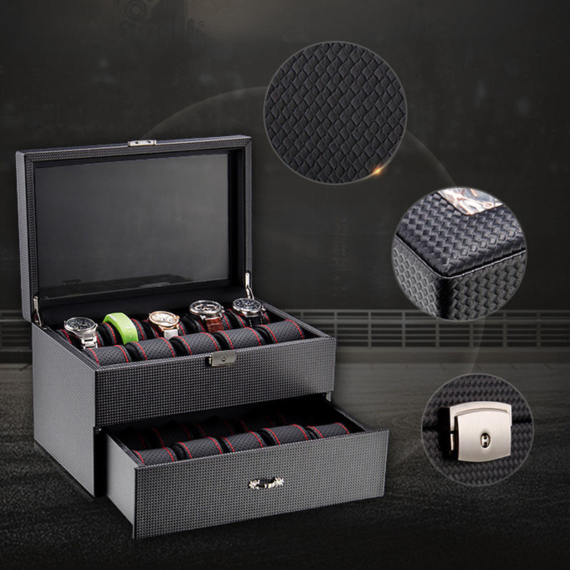 Watch Organizer Box with Drawer Display Case For Men Carbon Fiber Faux Leather Design